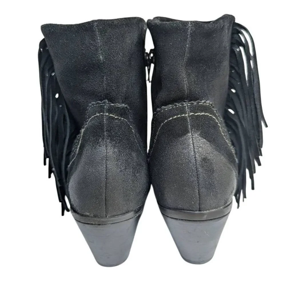 Crown Vintage black suede leather fringe western ankle boots booties 9.5